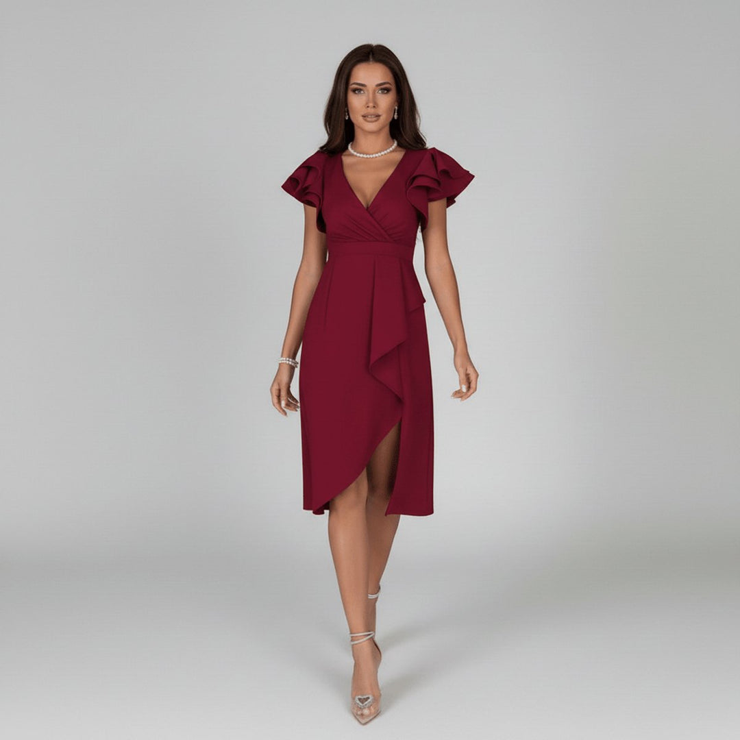 Mother of the Bride Dress Ruffle Sleeve Wrap Asymmetrical Midi