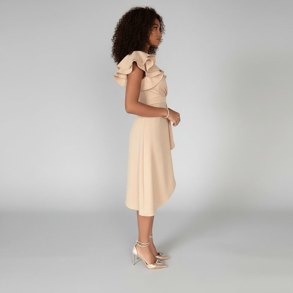 Mother of the Bride Dress Ruffle Sleeve Wrap Asymmetrical Midi