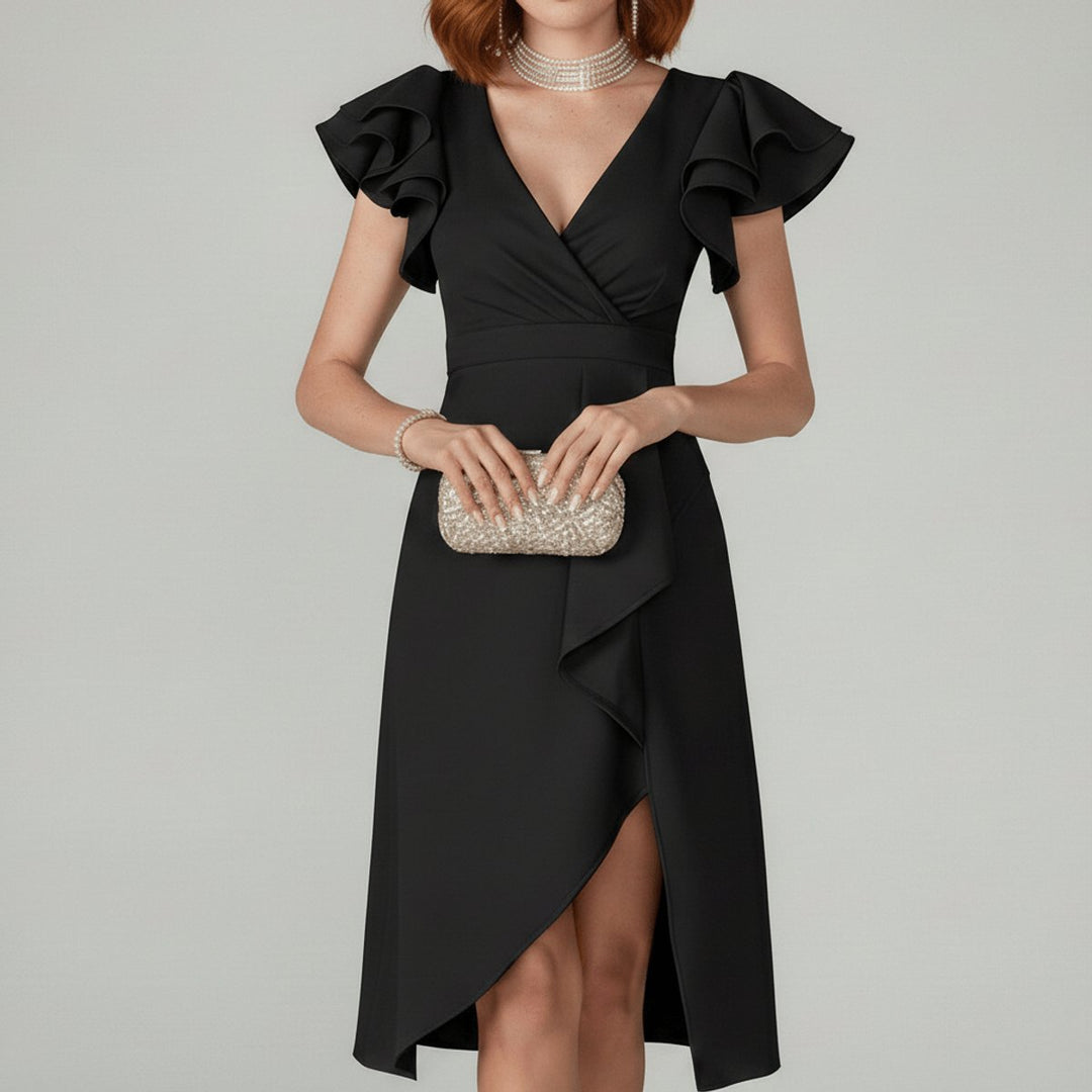 Mother of the Bride Dress Ruffle Sleeve Wrap Asymmetrical Midi - Classic Black