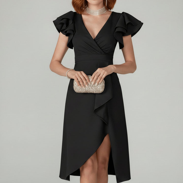 Mother of the Bride Dress Ruffle Sleeve Wrap Asymmetrical Midi - Classic Black