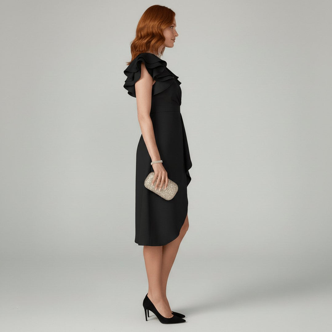Mother of the Bride Dress Ruffle Sleeve Wrap Asymmetrical Midi