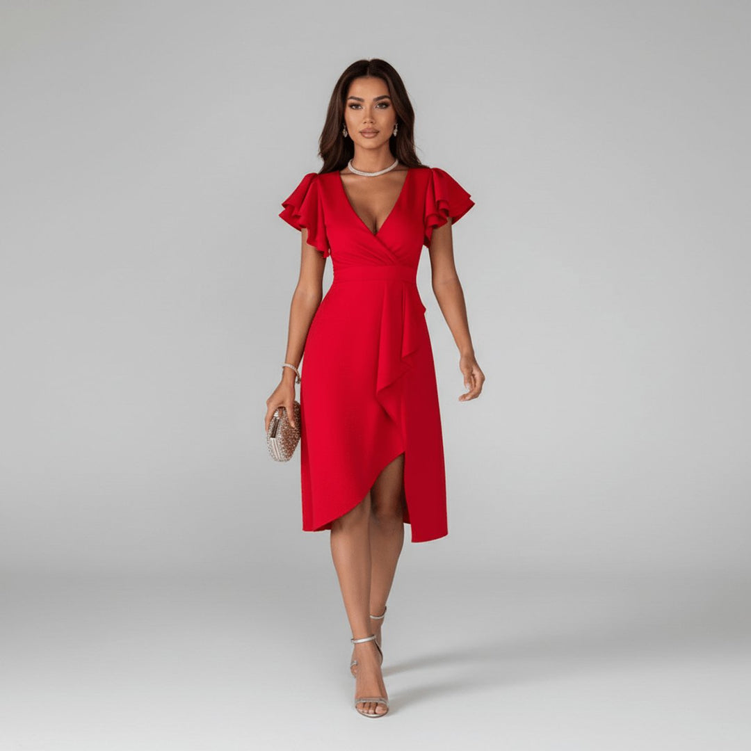 Mother of the Bride Dress Ruffle Sleeve Wrap Asymmetrical Midi - Vivid Red