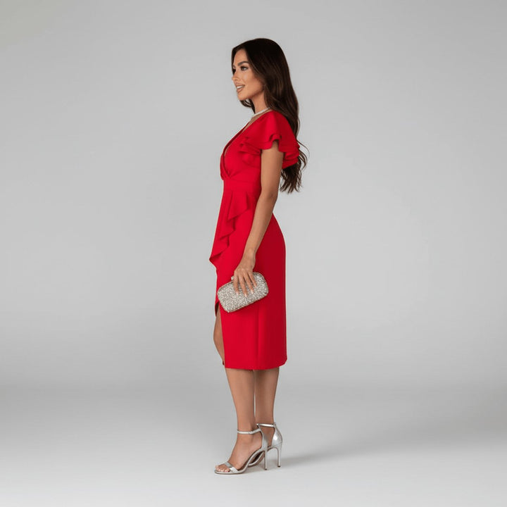 Mother of the Bride Dress Ruffle Sleeve Wrap Asymmetrical Midi