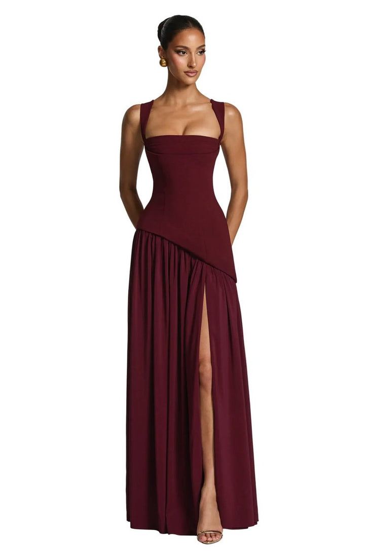 Mother of the Bride Dress Sleeveless Square Neck A-Line Maxi Gown Side Slit - Burgundy