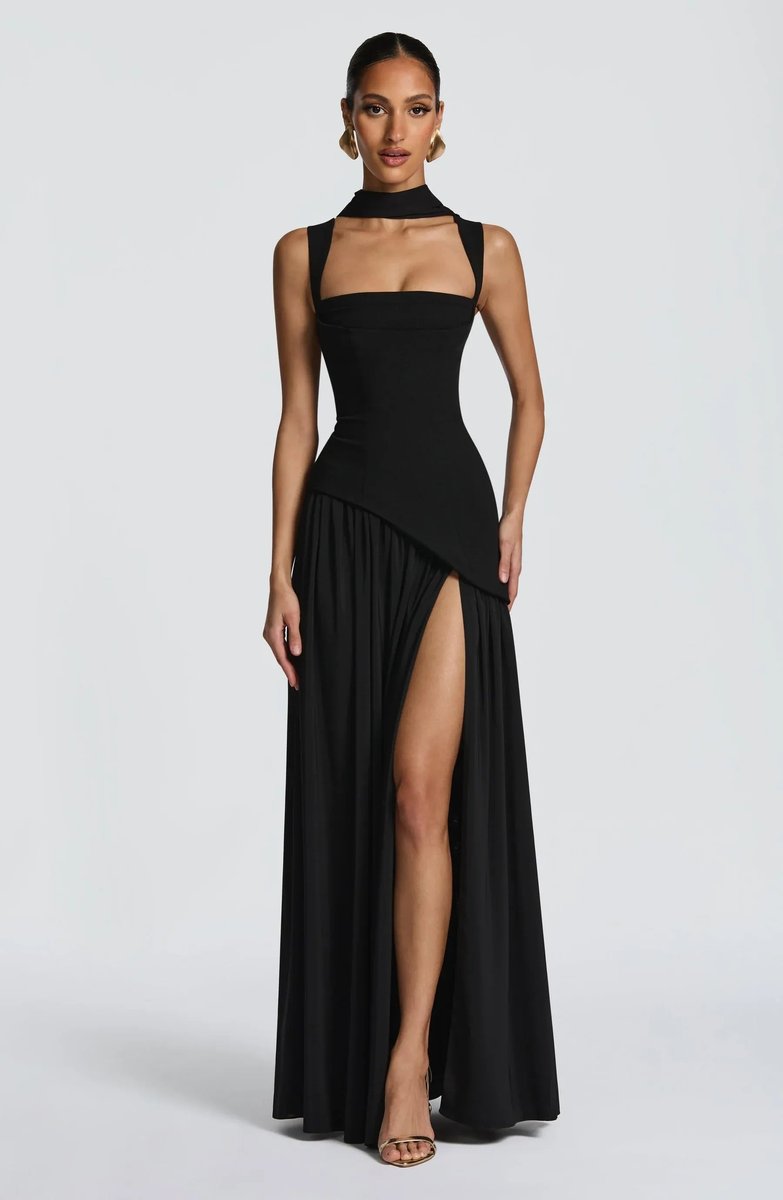 Mother of the Bride Dress Sleeveless Square Neck A-Line Maxi Gown Side Slit - Black
