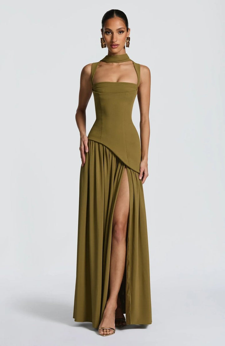 Mother of the Bride Dress Sleeveless Square Neck A-Line Maxi Gown Side Slit - Green