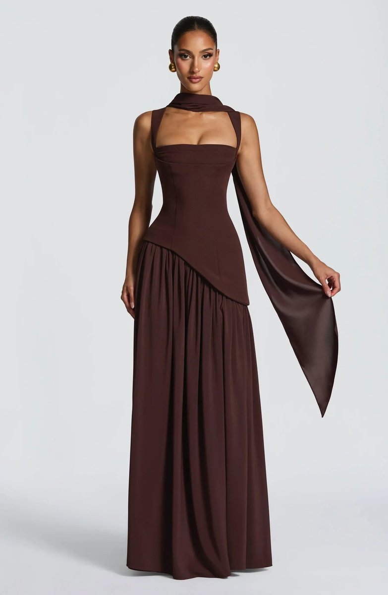 Mother of the Bride Dress Sleeveless Square Neck A-Line Maxi Gown Side Slit - Brown