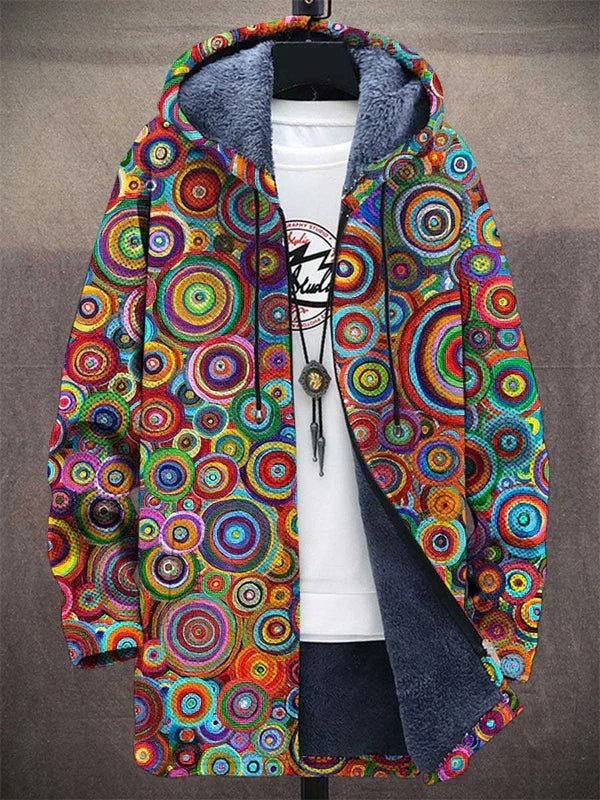 Unisex Fleece-Lined Zip-Up Psychedelic Circle-Print Hooded Jacket - Multicolor