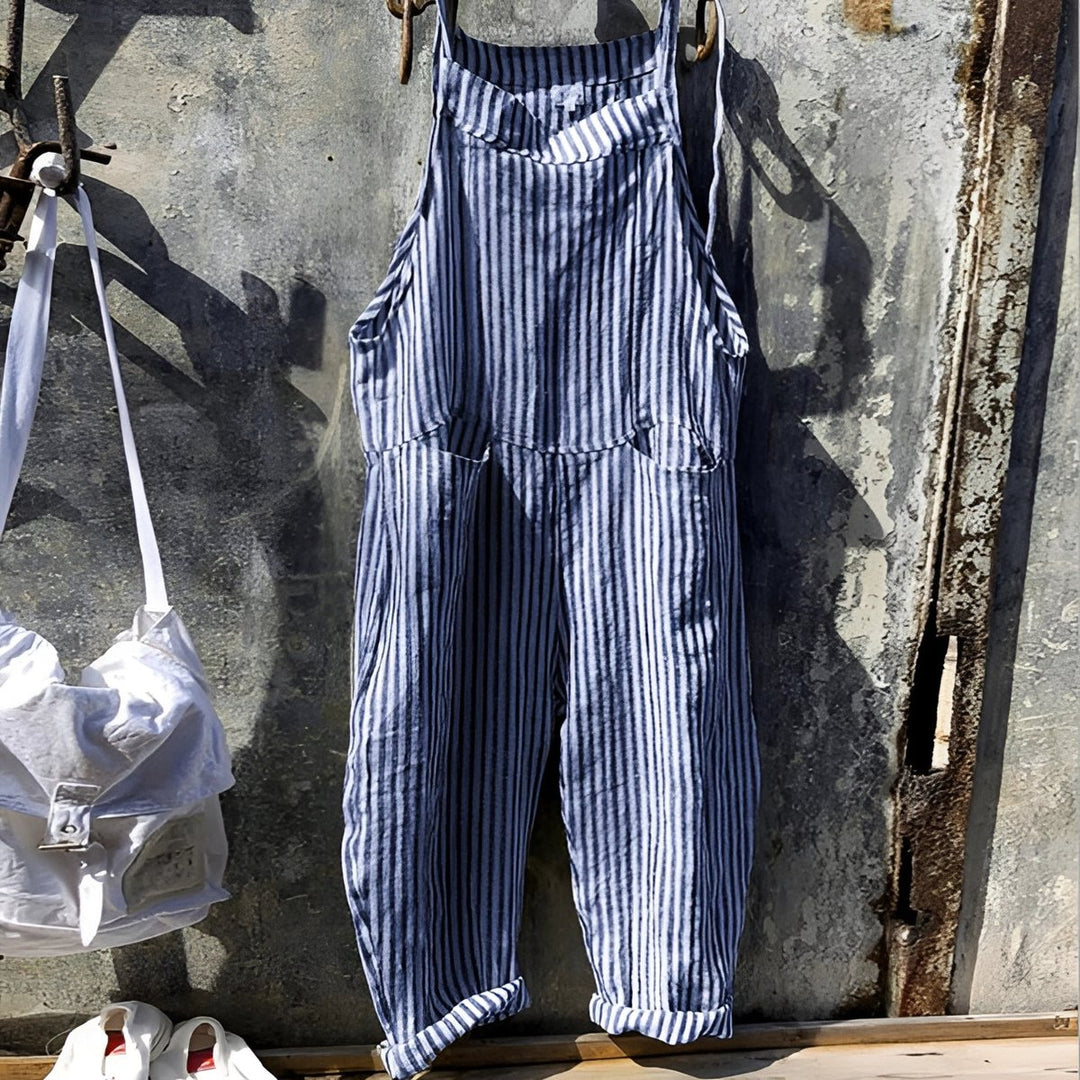 Unisex Vintage Striped Loose-Fit Adjustable Strap Overall - Blue