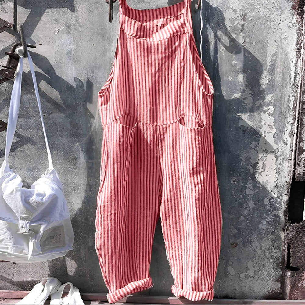 Unisex Vintage Striped Loose-Fit Adjustable Strap Overall - Red