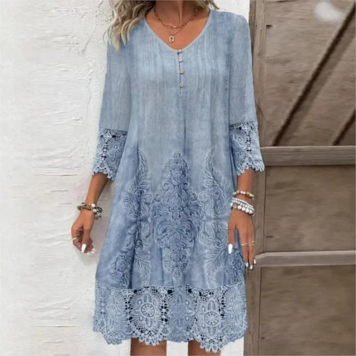 Madison | Women's Bohemian Floral Lace-Trim V-Neck Tunic Dress with Tights & Boots