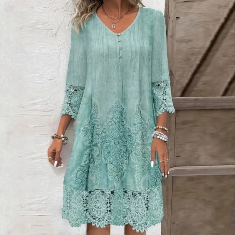 Madison | Women's Bohemian Floral Lace-Trim V-Neck Tunic Dress with Tights & Boots