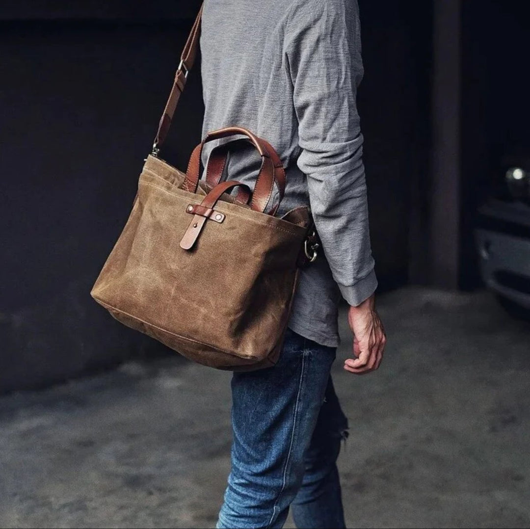 Waxed Canvas Leather-Trim Convertible Tote Bag