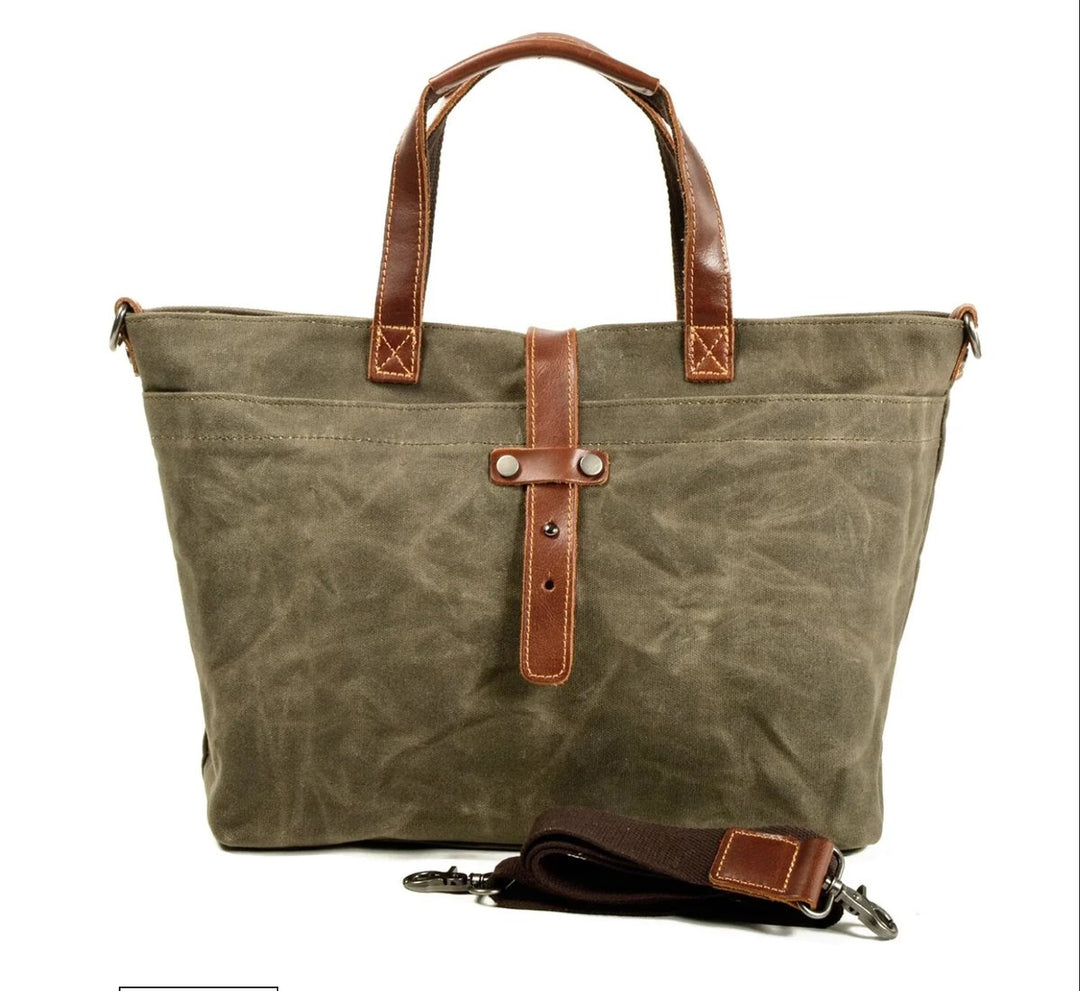 Waxed Canvas Leather-Trim Convertible Tote Bag - Salbeiholz