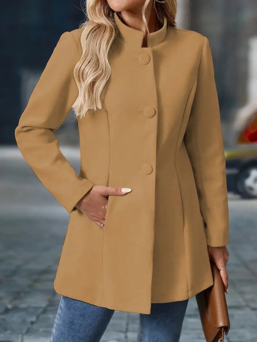Women Coat Stand Collar Button-Front Tailored Blazer Jacket