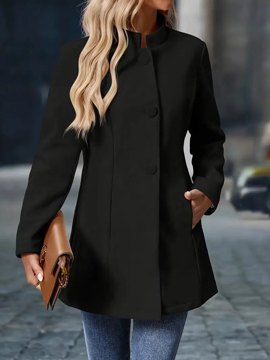 Women Coat Stand Collar Button-Front Tailored Blazer Jacket