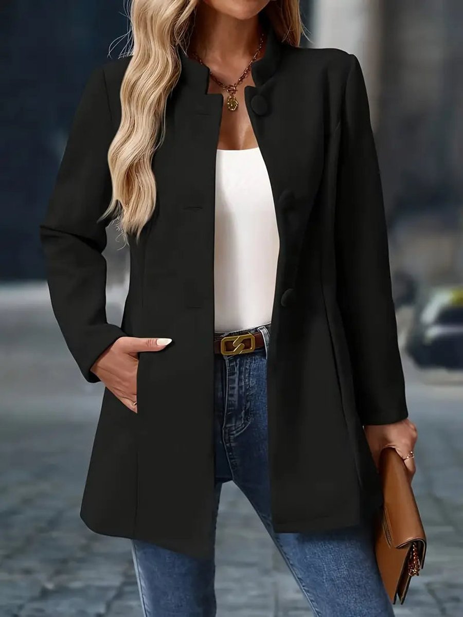 Women Coat Stand Collar Button-Front Tailored Blazer Jacket - Black
