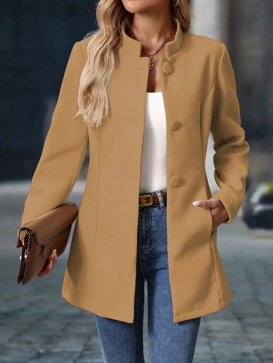 Women Coat Stand Collar Button-Front Tailored Blazer Jacket