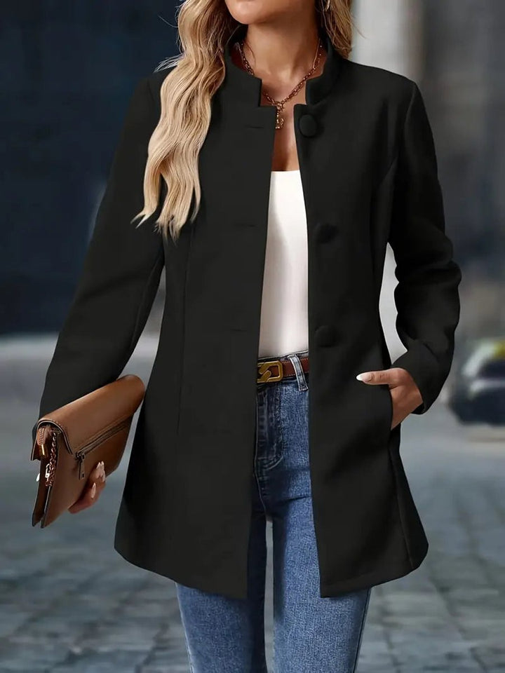 Women Coat Stand Collar Button-Front Tailored Blazer Jacket