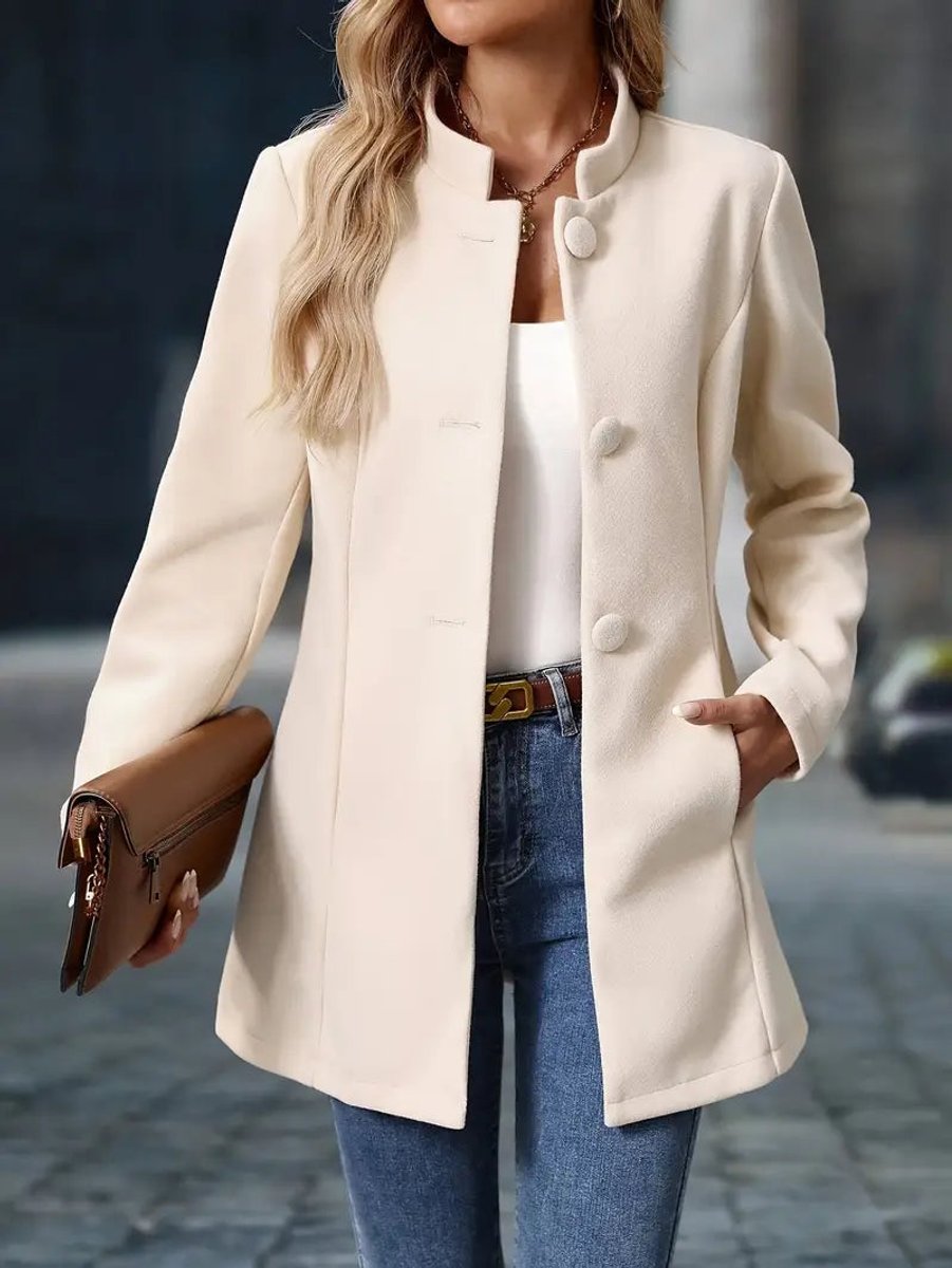 Women Coat Stand Collar Button-Front Tailored Blazer Jacket