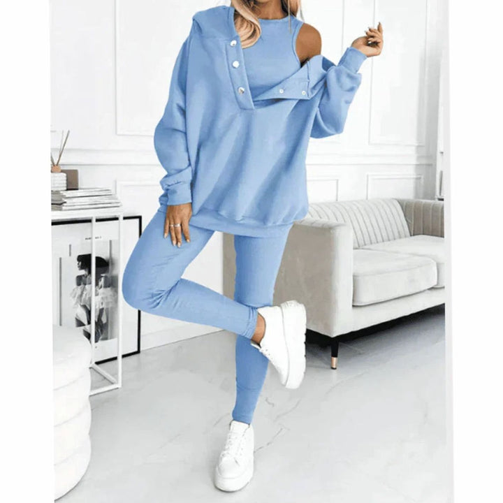 Women's 3 Piece Lounge Winter Set Hooded Pullover Leggings - Blue