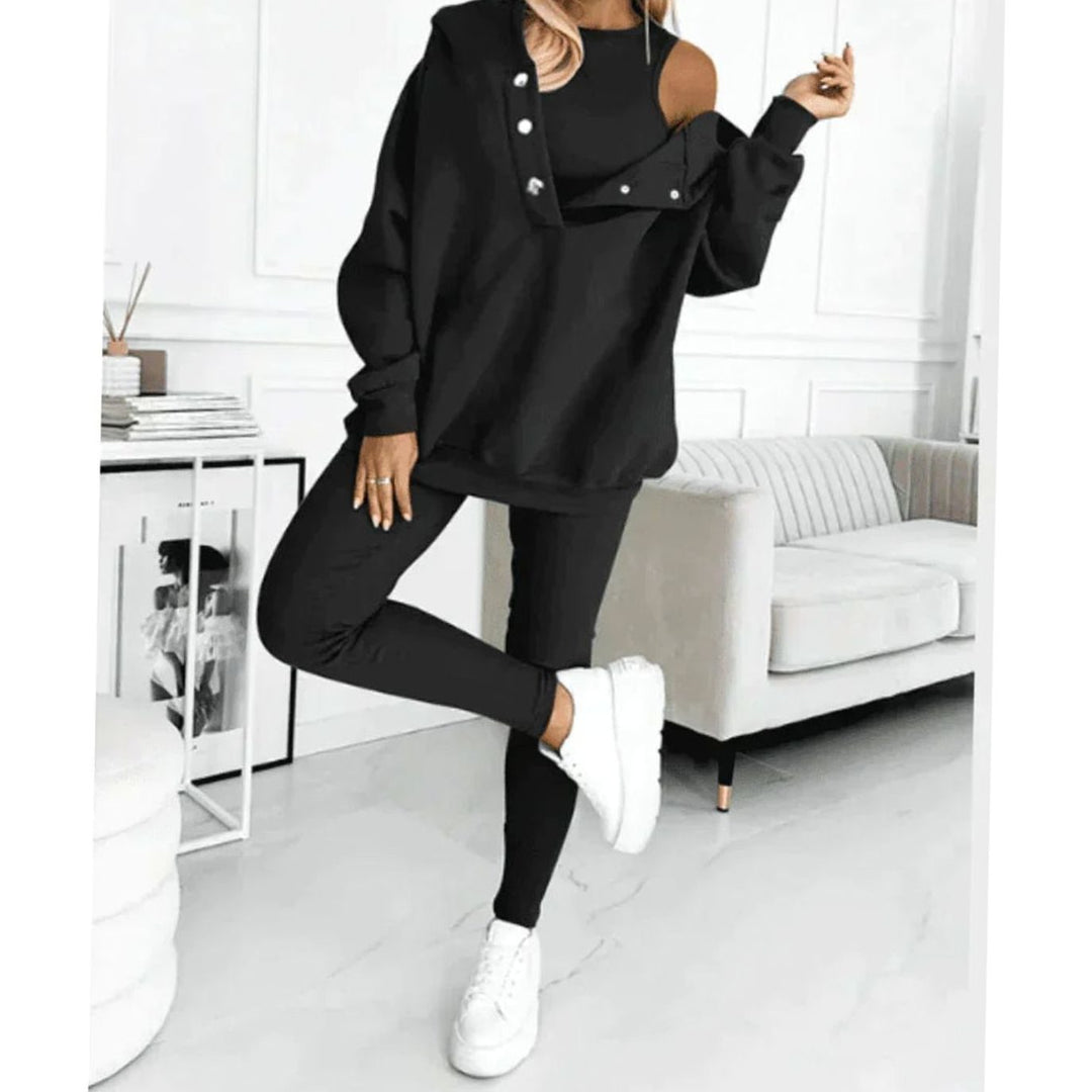 Women's 3 Piece Lounge Winter Set Hooded Pullover Leggings - Black