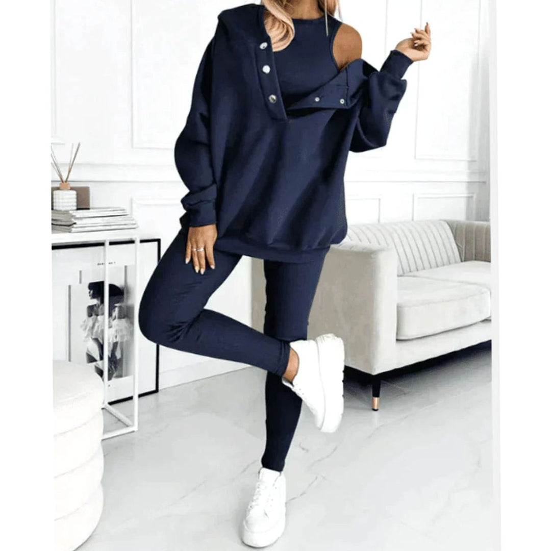 Women's 3 Piece Lounge Winter Set Hooded Pullover Leggings - Dark Blue