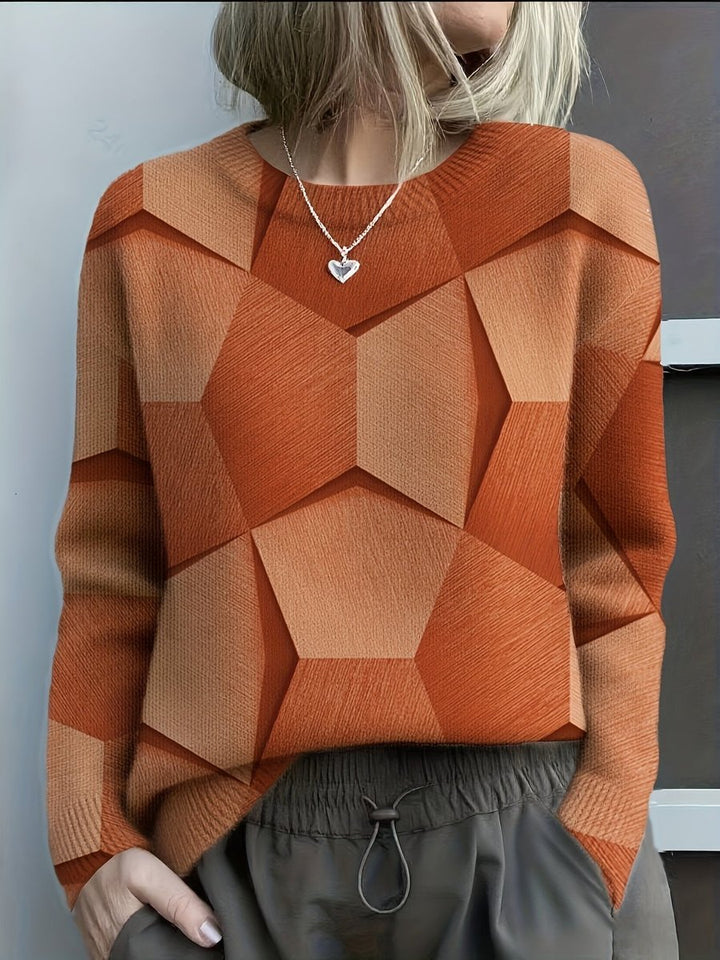 Women's 3D Geometric Long-Sleeve Crew-Neck Knit Sweater - Orange