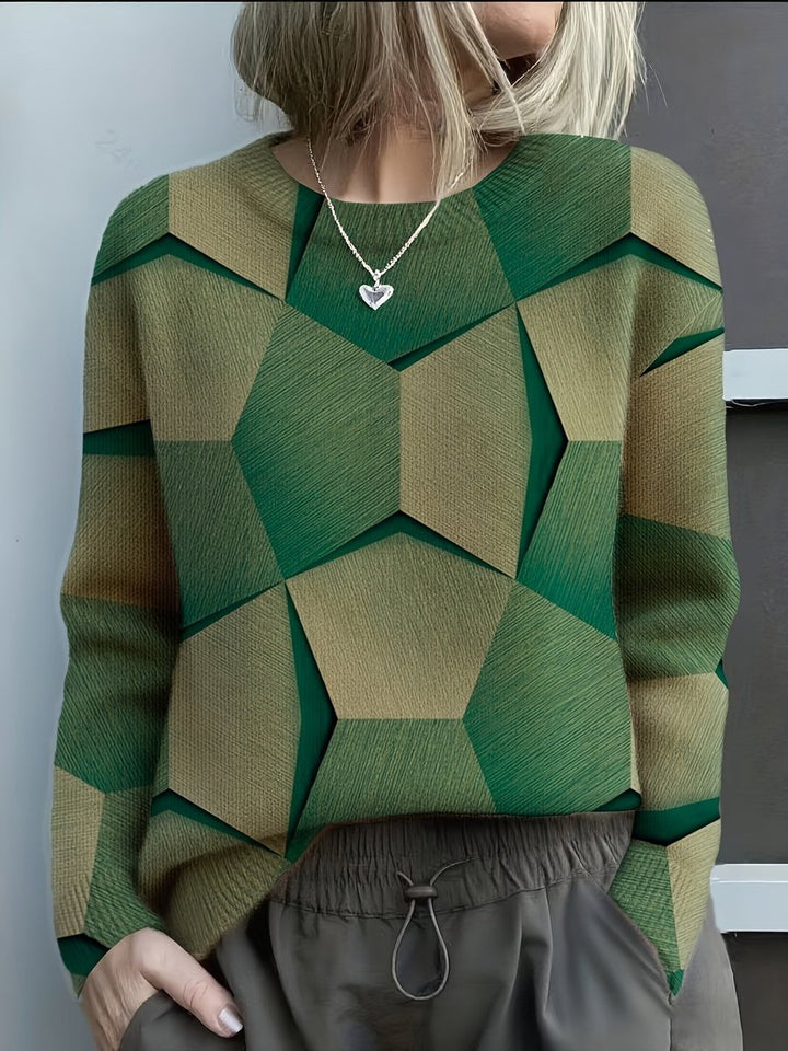 Women's 3D Geometric Long-Sleeve Crew-Neck Knit Sweater - Green