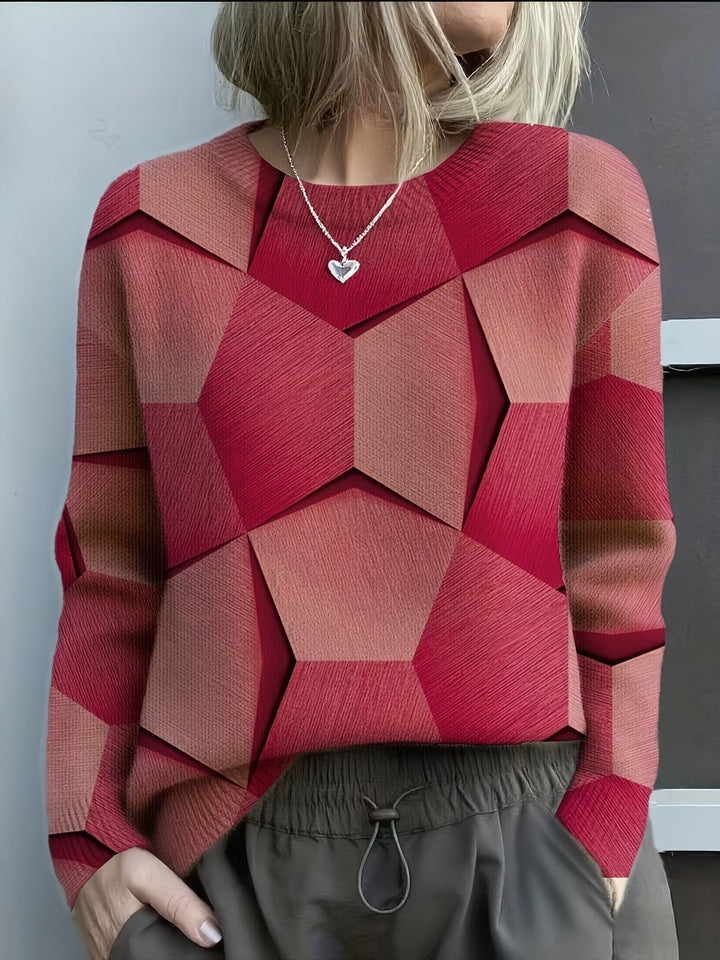 Women's 3D Geometric Long-Sleeve Crew-Neck Knit Sweater - Red