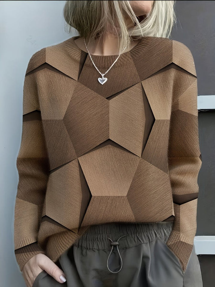 Women's 3D Geometric Long-Sleeve Crew-Neck Knit Sweater - Brown