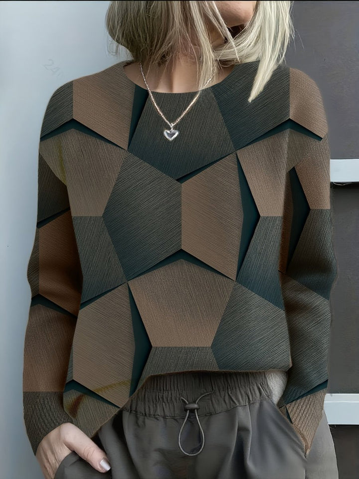 Women's 3D Geometric Long-Sleeve Crew-Neck Knit Sweater - Black