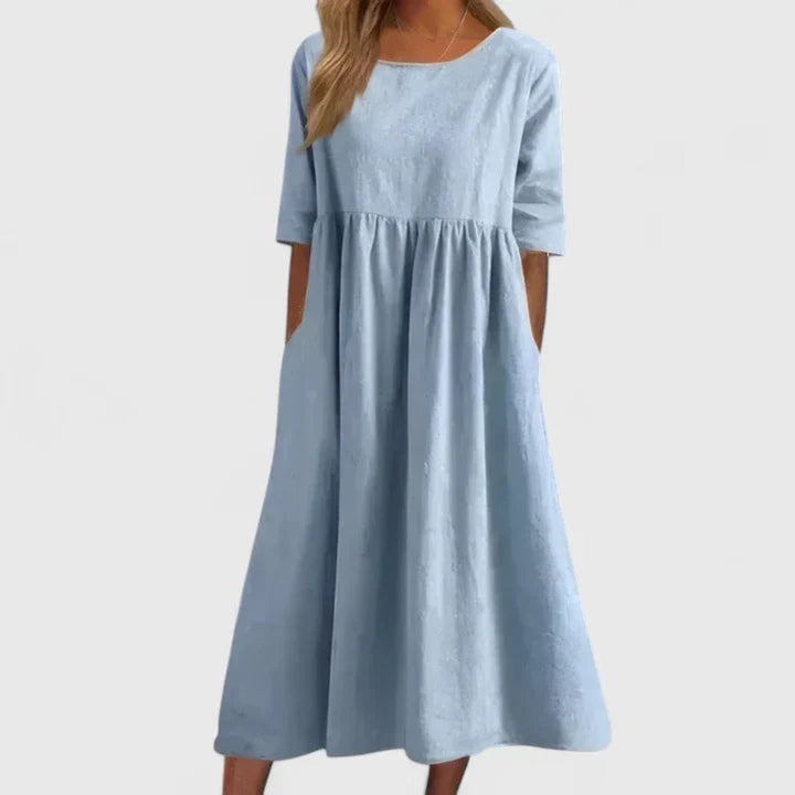 Women's A-Line Midi Long Sleeve Dress Relaxed Fit Pockets - Sky Blue