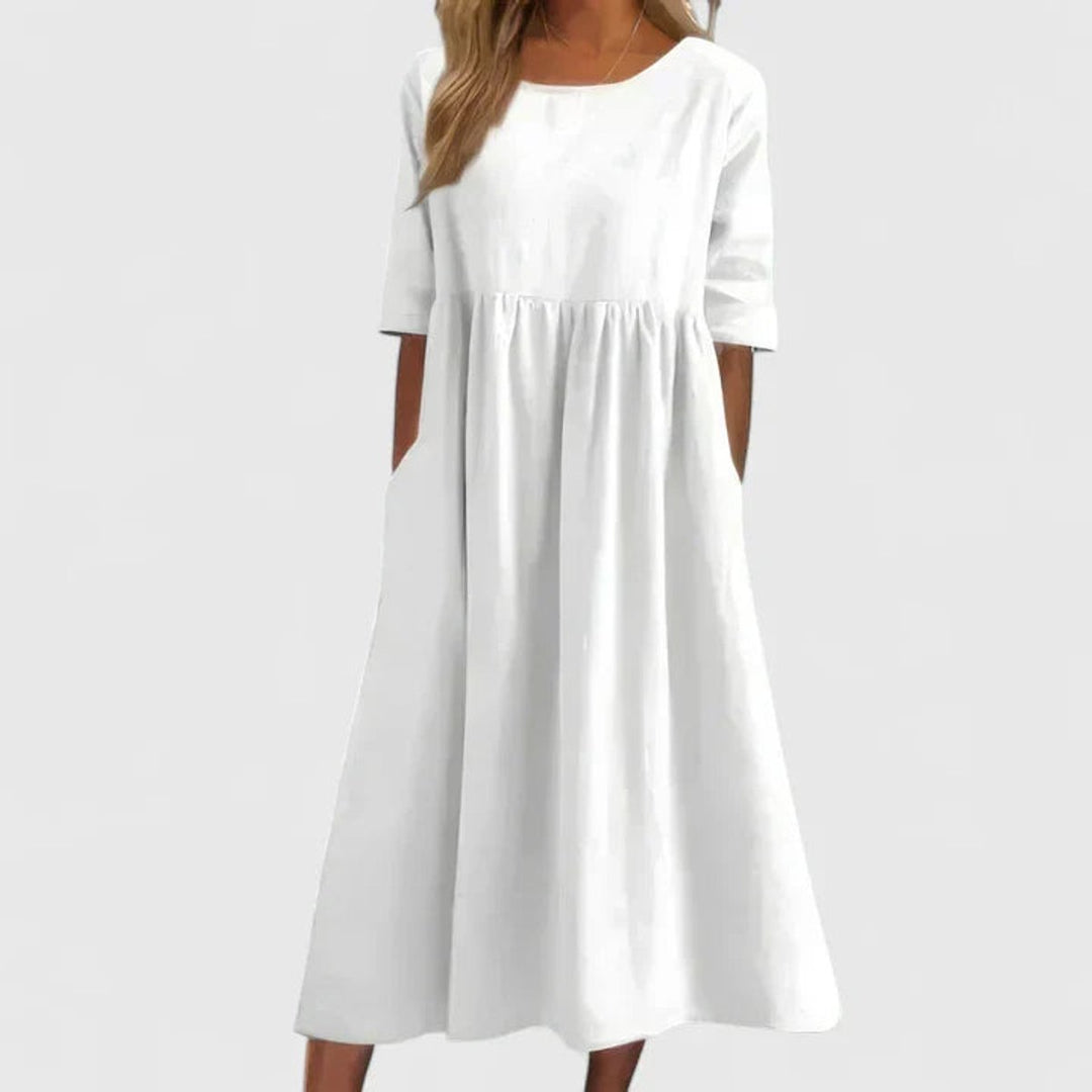 Women's A-Line Midi Long Sleeve Dress Relaxed Fit Pockets - White