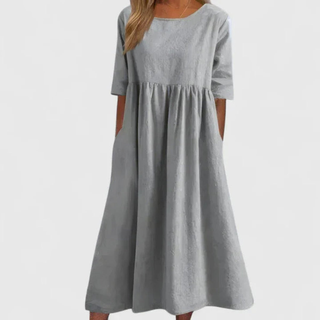 Women's A-Line Midi Long Sleeve Dress Relaxed Fit Pockets - Light Gray