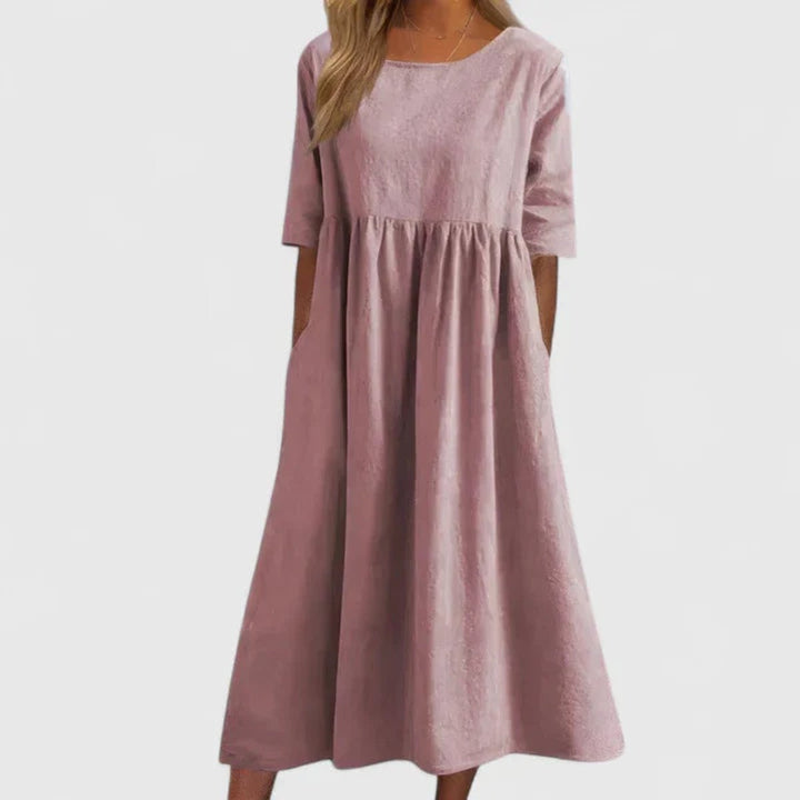 Women's A-Line Midi Long Sleeve Dress Relaxed Fit Pockets - Pink