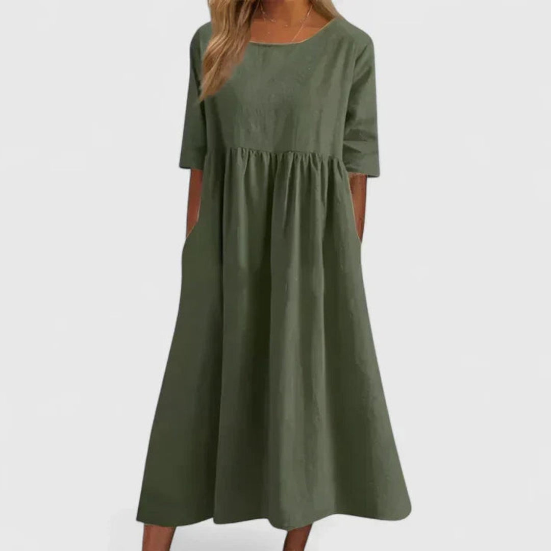 Women's A-Line Midi Long Sleeve Dress Relaxed Fit Pockets - Green