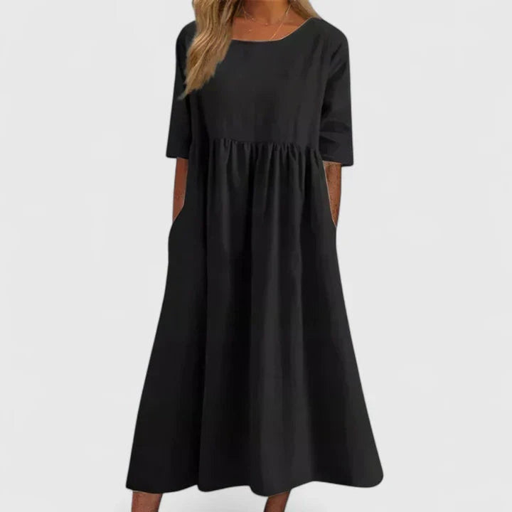 Women's A-Line Midi Long Sleeve Dress Relaxed Fit Pockets - Black