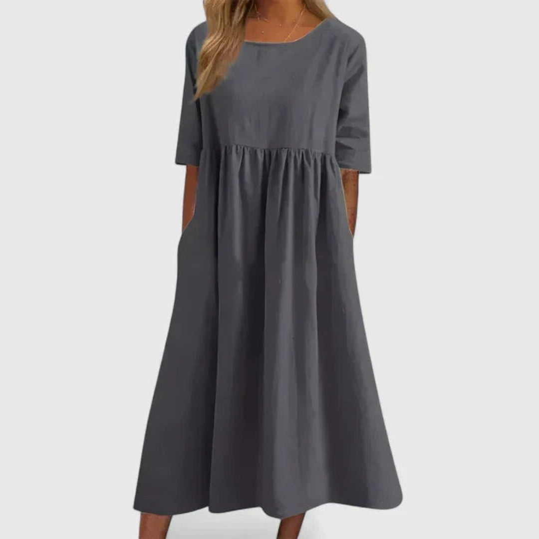 Women's A-Line Midi Long Sleeve Dress Relaxed Fit Pockets - Gray