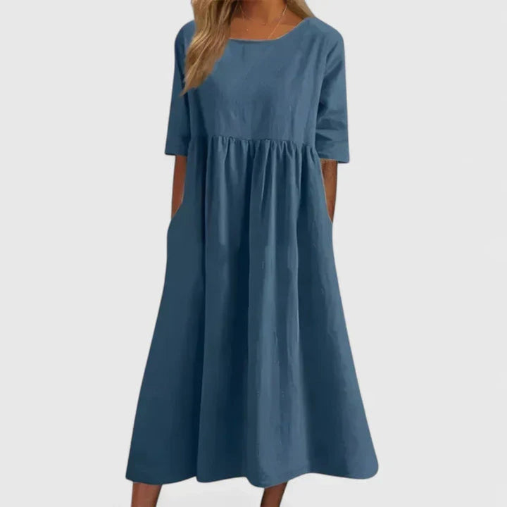 Women's A-Line Midi Long Sleeve Dress Relaxed Fit Pockets - Blue