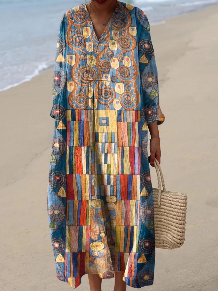 Women's Abstract Print Boho Midi Oversized Dress V-Neck - Multicolor