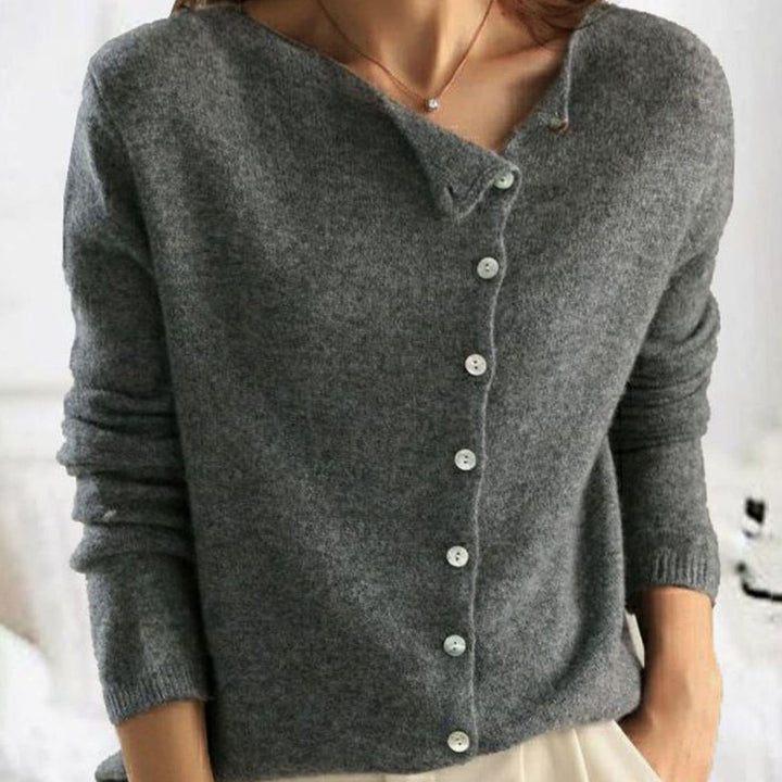 Women's Asymmetric V-Neck Long-Sleeve Button Sweater Cardigan - Gray