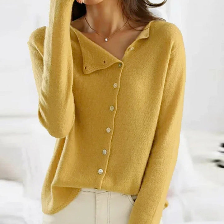 Women's Asymmetric V-Neck Long-Sleeve Button Sweater Cardigan - Yellow