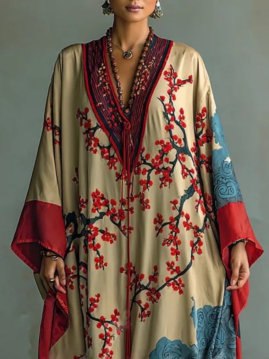 Women's Batwing Sleeve Floral Print Maxi Long Sleeve Dress