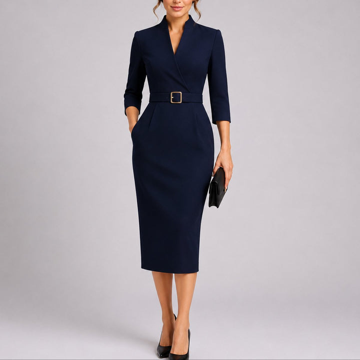 Women's Belted Bodycon Midi Fall Wedding Guest Dress V-Neck - Navy