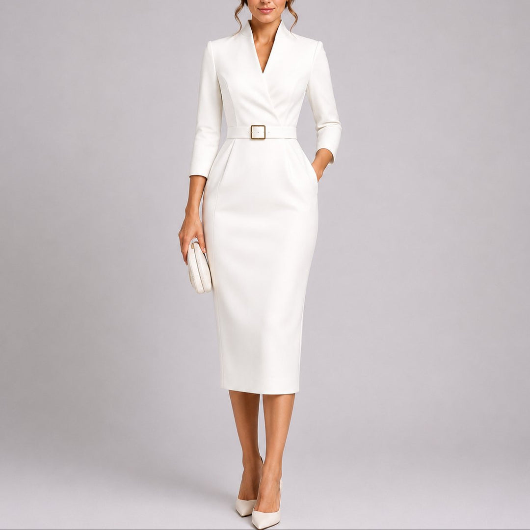 Women's Belted Bodycon Midi Fall Wedding Guest Dress V-Neck - White