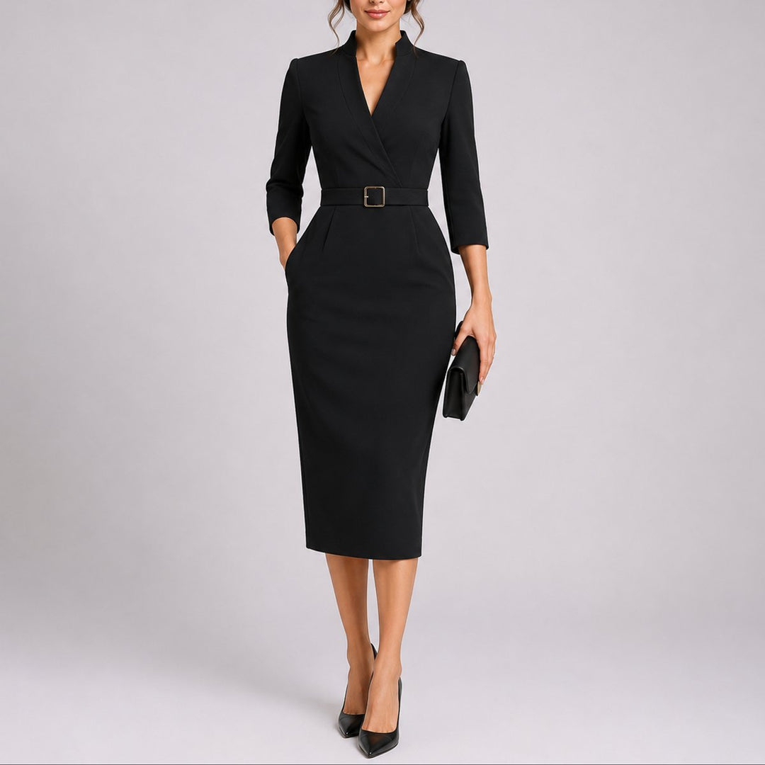 Women's Belted Bodycon Midi Fall Wedding Guest Dress V-Neck - Black
