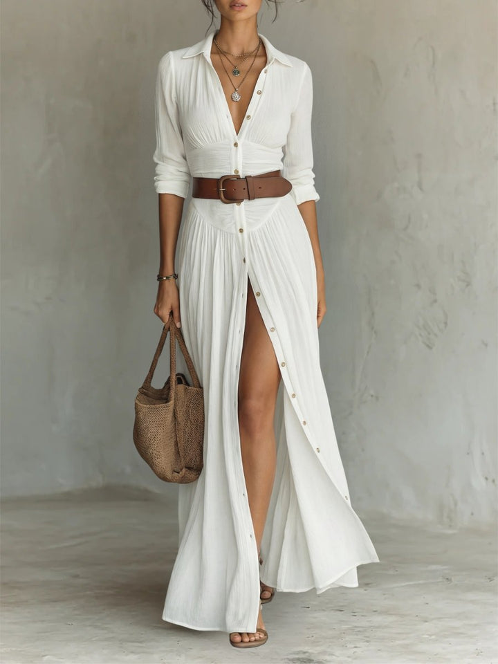 Women's Belted Button-Front Boho Collared Maxi Shirt Dress - White