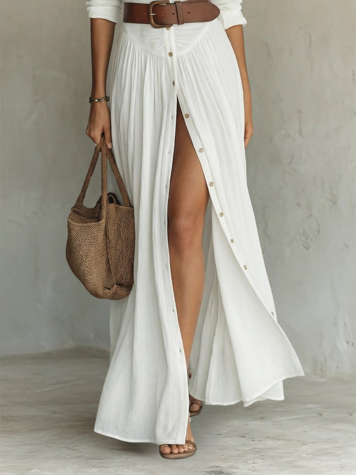 Women's Belted Button-Front Boho Collared Maxi Shirt Dress