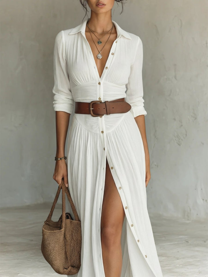 Women's Belted Button-Front Boho Collared Maxi Shirt Dress